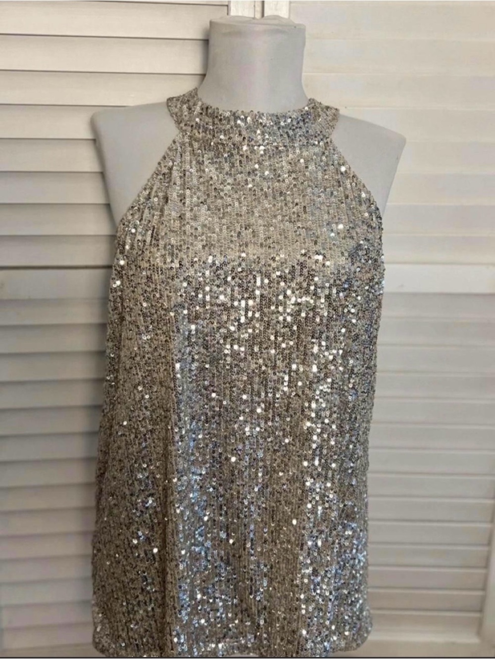 Cable & Gauge Champagne Sequin Halter Mock Neck Top Blouse - Large